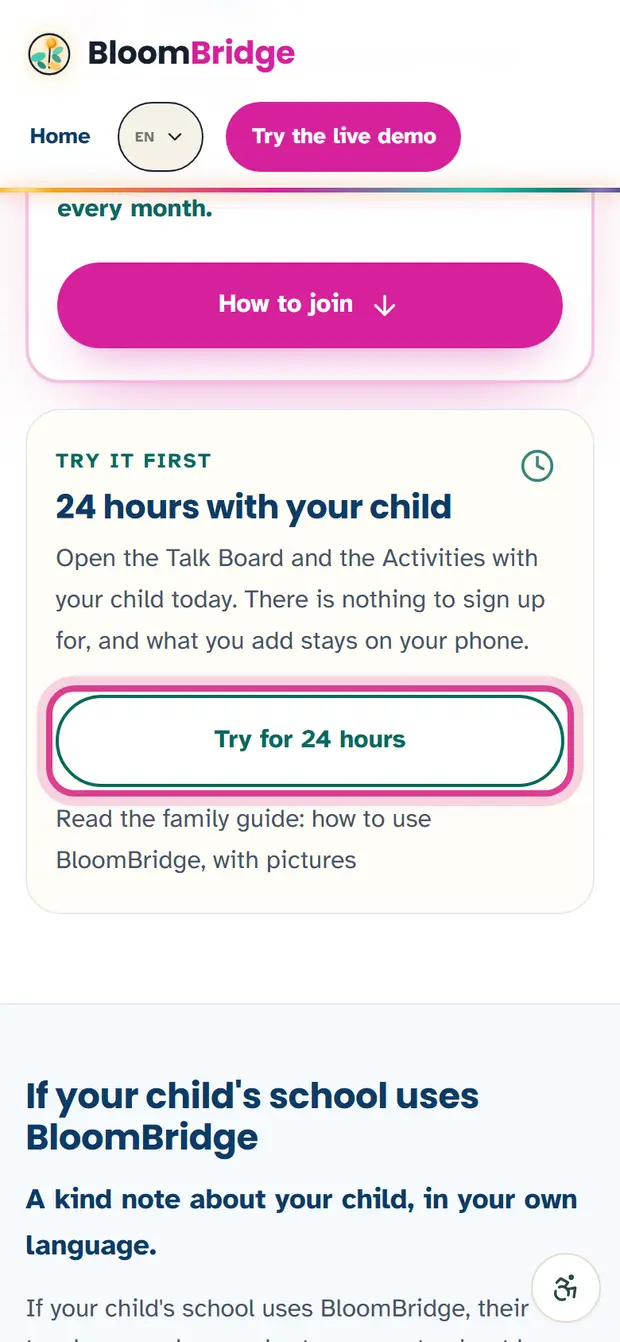 The For families page with the “Try for 24 hours” button marked