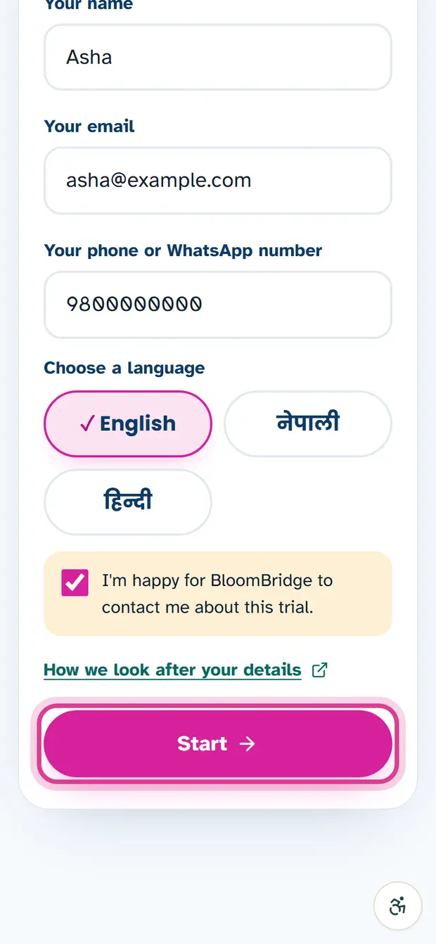 The language buttons, the tick box and the Start button