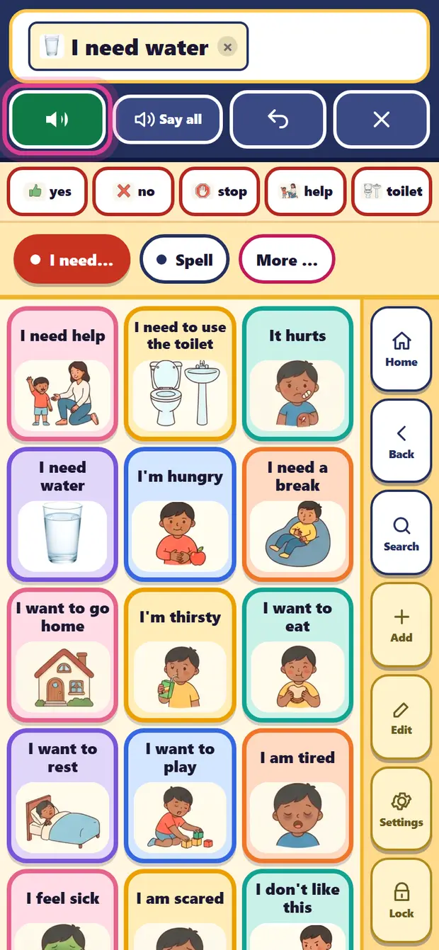“I need water” in the sentence bar, with the Speak button marked