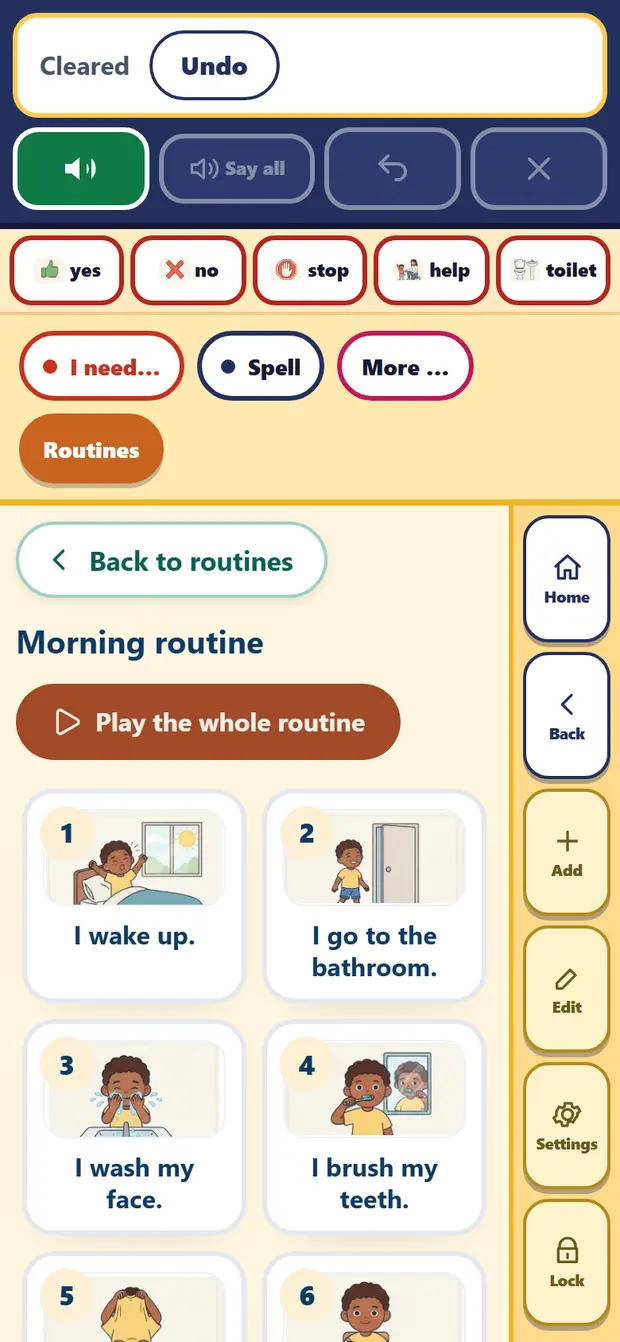 The morning routine open, with its numbered steps and the Play the whole routine button