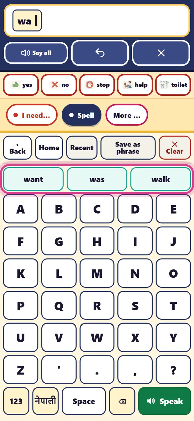 Letters typed with word suggestions above the keyboard