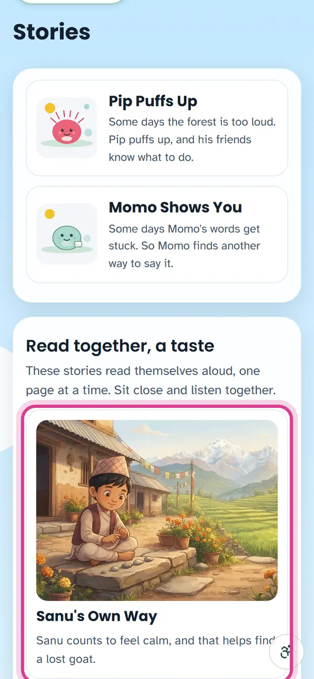 The Stories page with the read-aloud books