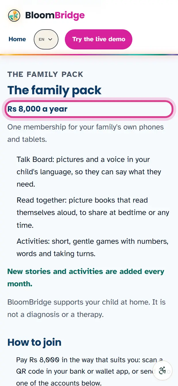The family pack on the For families page, with the price marked