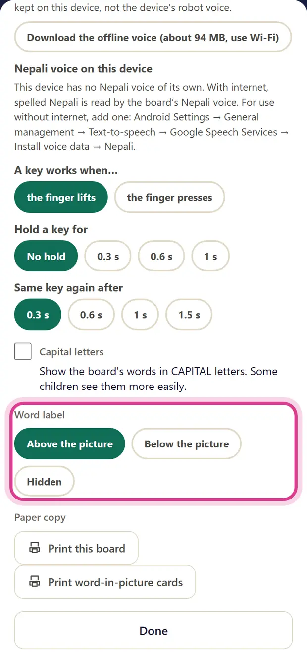 The Word label choices: above, below or hidden