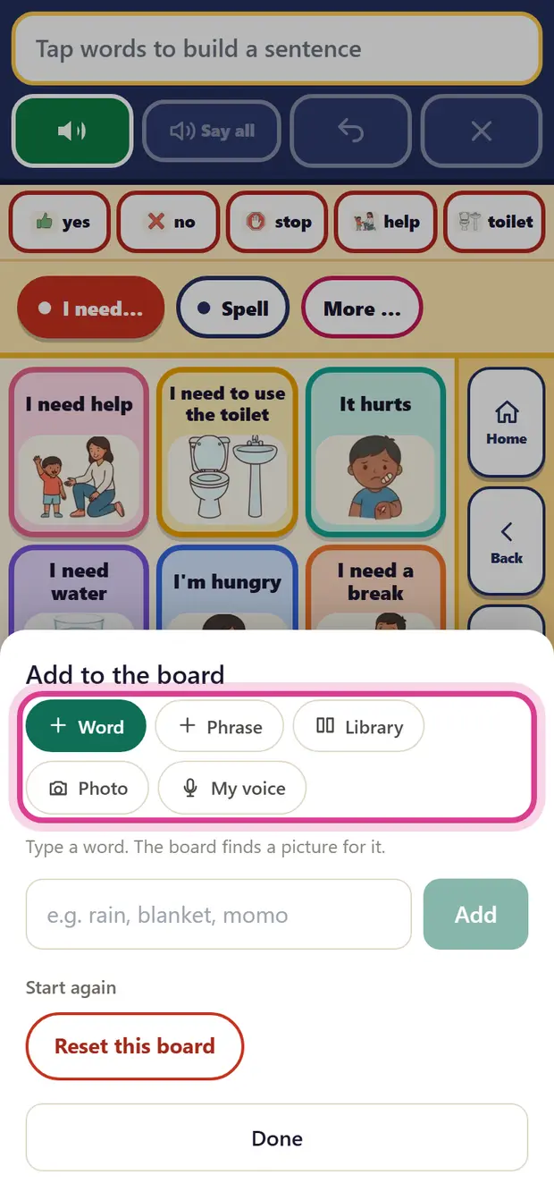 The Add to the board panel with Word, Phrase, Library, Photo and My voice