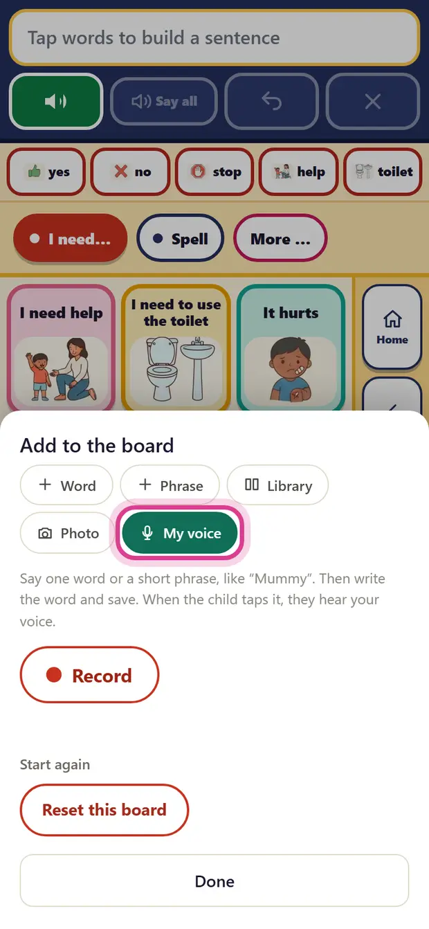 My voice selected, with the Record button